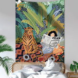 Qfdian Jungle Tiger & Girl Wall Tapestry