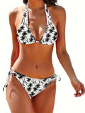 2 Piece Coconut Tree Print Halter Tie Side Backless High Stretch Bikini Set, Women's Swimwear & Clothing, Hot Swimsuits