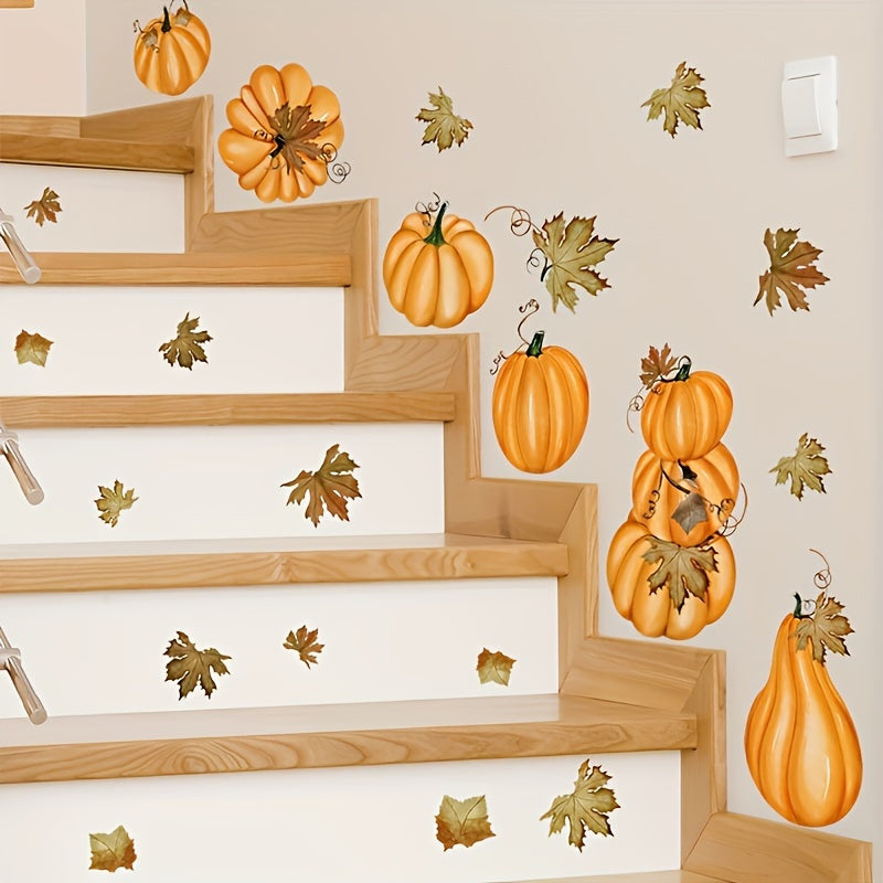 1 Set/2pcs, Classic Autumn Pumpkin and Maple Leaf Wall Stickers, Suitable for Thanksgiving Autumn Glass Home Decoration and Window Decoration