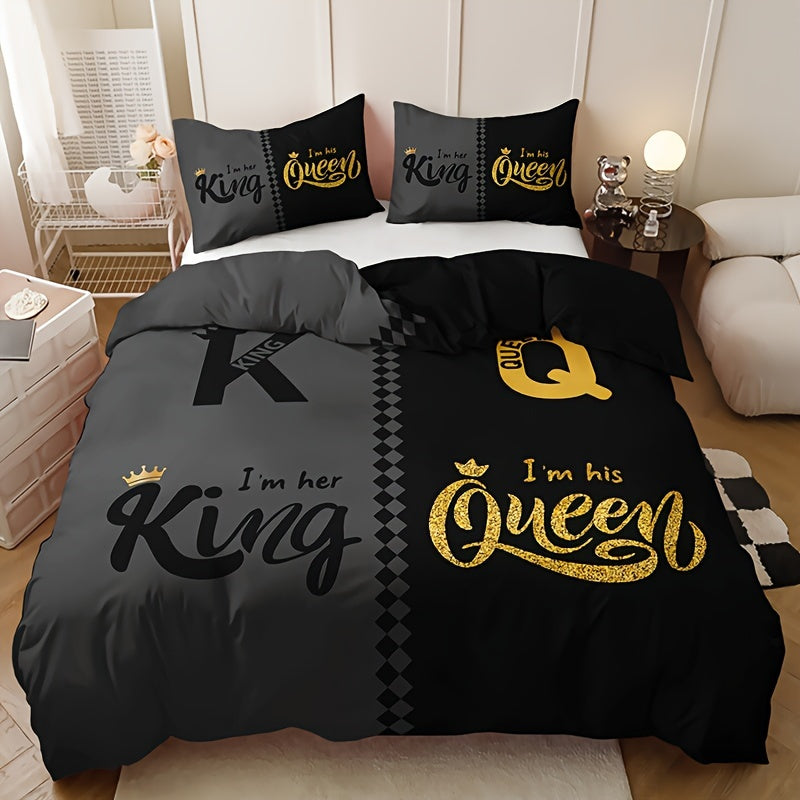 3-Piece Black & Grey Crown Lettering Duvet Cover Set - Vibrant High-Definition Printing, Soft Brushed Microfiber Fabric, Comfortable and Breathable for Home & Dorm Decor - Comforter Not Included