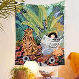 Qfdian Jungle Tiger & Girl Wall Tapestry