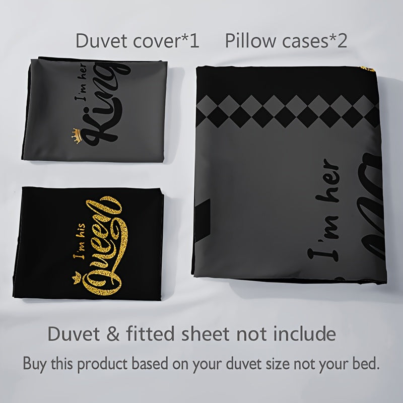 3-Piece Black & Grey Crown Lettering Duvet Cover Set - Vibrant High-Definition Printing, Soft Brushed Microfiber Fabric, Comfortable and Breathable for Home & Dorm Decor - Comforter Not Included