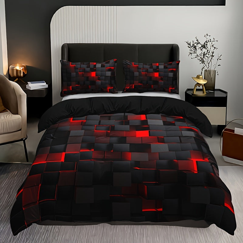 3-Piece Red Grid Duvet Cover Set - Ultra-Soft, Breathable Fabric - Includes 1 Duvet Cover & 2 Pillowcases for Comfortable Sleep - Ideal for Master & Guest Bedrooms