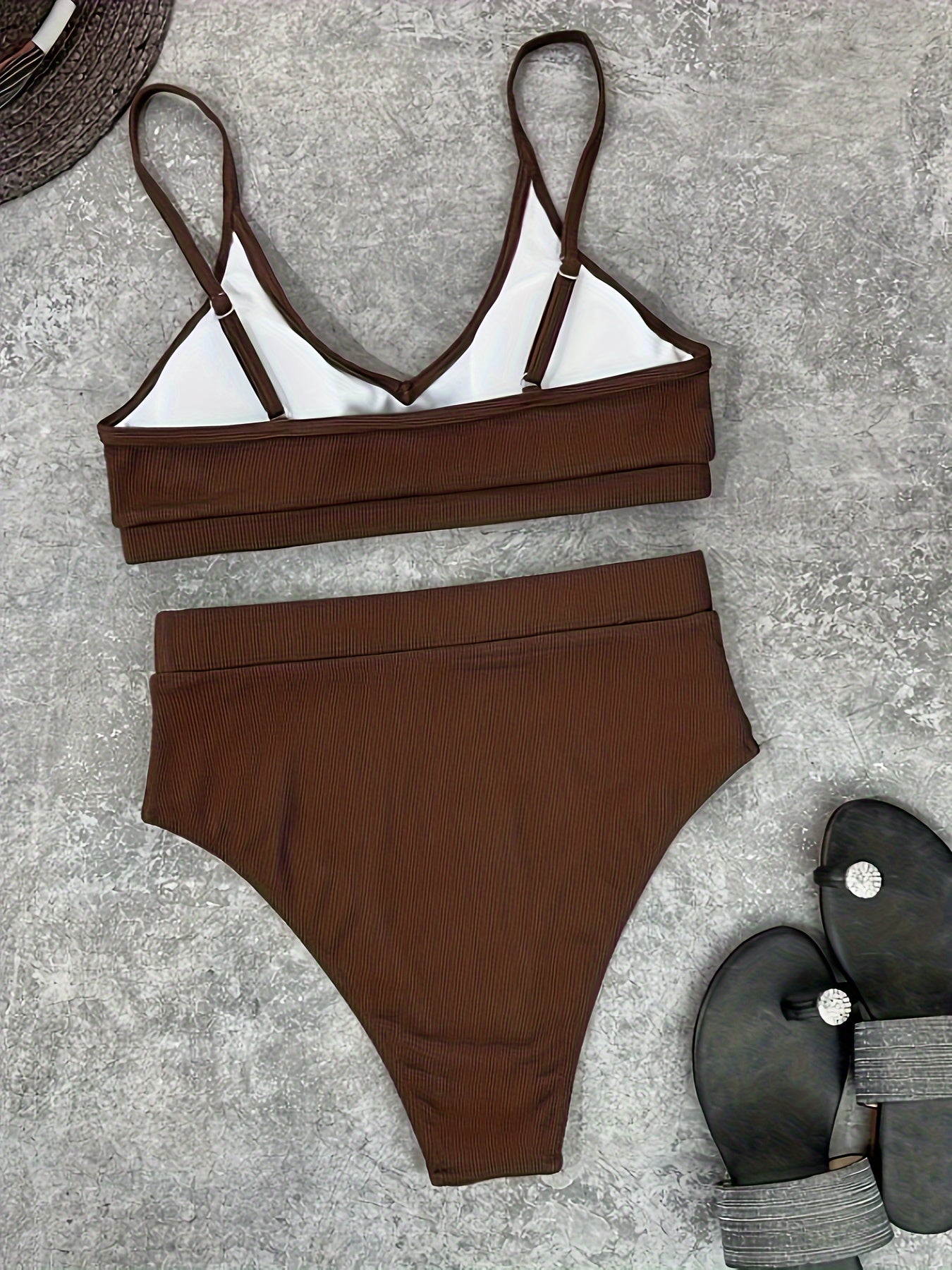 Plain Brown Scoop Neck 2 Piece Set Bikini, Spaghetti Strap High Waist Stretchy Swimsuits, Women's Swimwear & Clothing