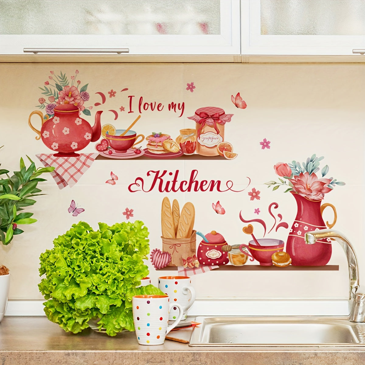 Glam Style Kitchen Wall Decals with Flower Patterns, Polyvinyl Chloride, Glass Surface Recommended, Single Use Adhesive Wall Art, Semi-glossy Rectangle Decorations, Multi-surface Easy Install, No Electricity or Battery Needed