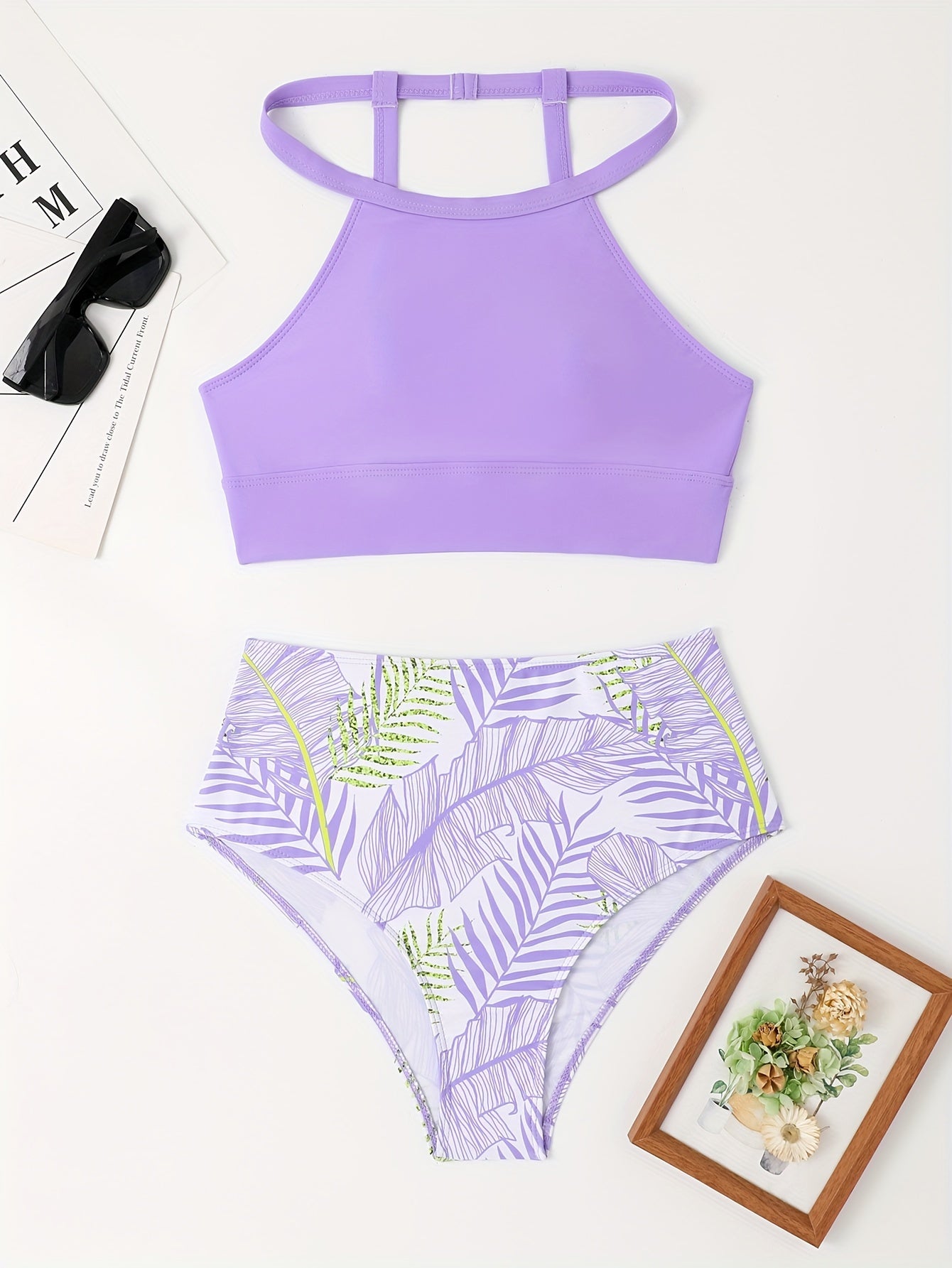 Tropical Leaf Print High Waisted 2 Piece Set Bikini, Spaghetti Strap Stretchy Plain Top & Comfy Bottoms Swimsuits, Women's Swimwear & Clothing