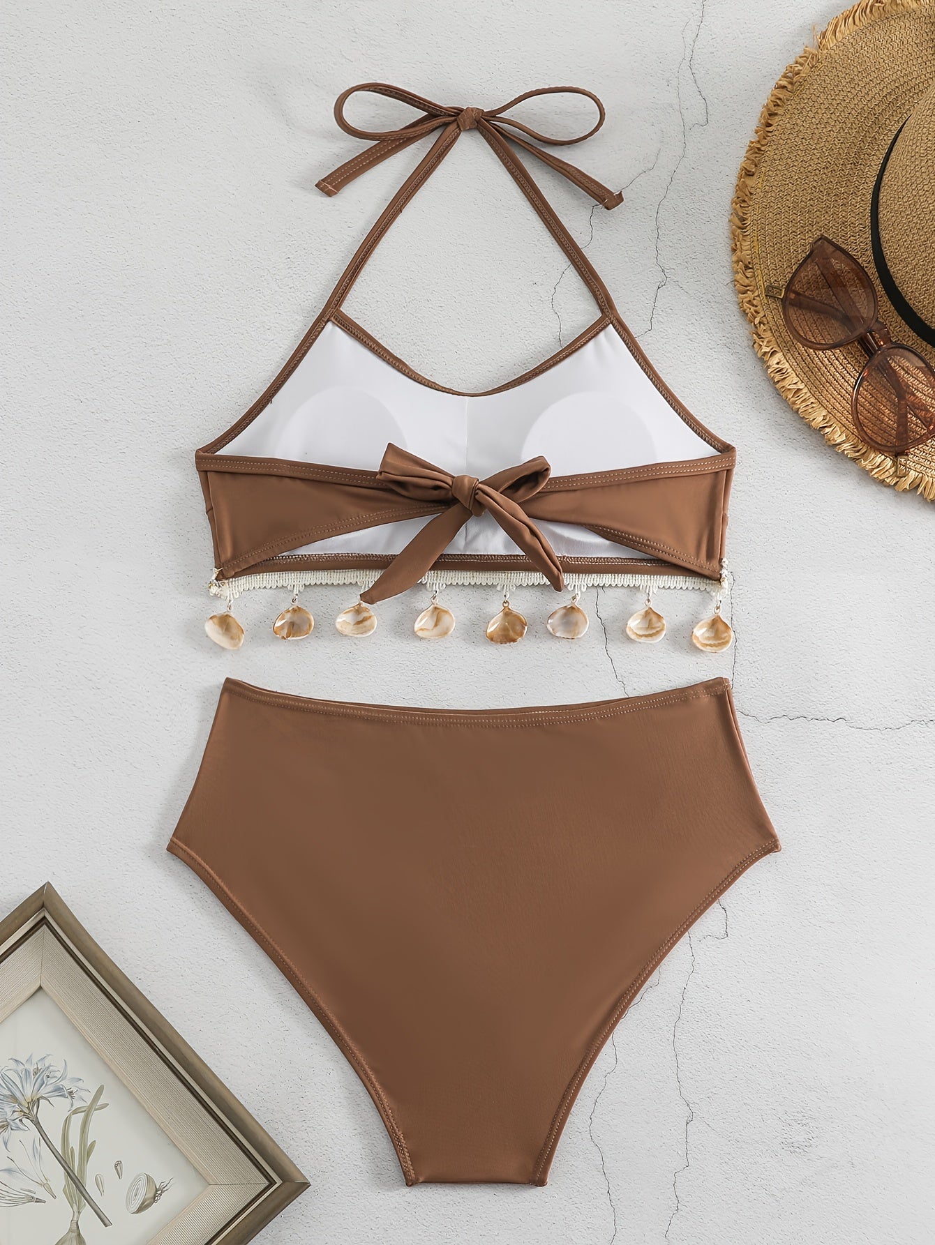 Shell Decor Knot Back Halter 2 Piece Set Bikini, Spaghetti Strap High Stretch High Waist Swimsuits, Women's Swimwear & Clothing