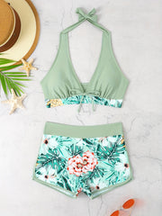 2 Piece Green Floral Print Halter Neck Bikini Set - High Waisted, Stretchy, Comfy, Backless, Knotted, Random Tropical Print, Sleeveless, Hand Washable - Womens Swimwear & Clothing for Swimming