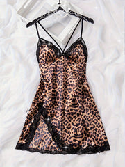 Vibrant Leopard Print Satin Lace Trim Sleepwear Dress - Comfortable V Neck Crisscross Backless Asymmetrical Sleeveless Nightgown with Micro Elasticity and Split Details - Perfect for Spring, Summer, and Fall Seasons