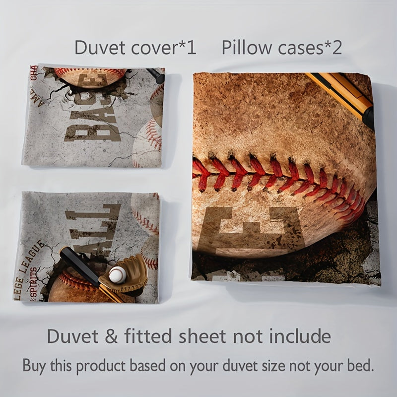 3-Piece Breathable Vintage Baseball Bedding Set – Soft, All-Season Duvet Cover with Pillowcases, Easy Maintenance & Comfort