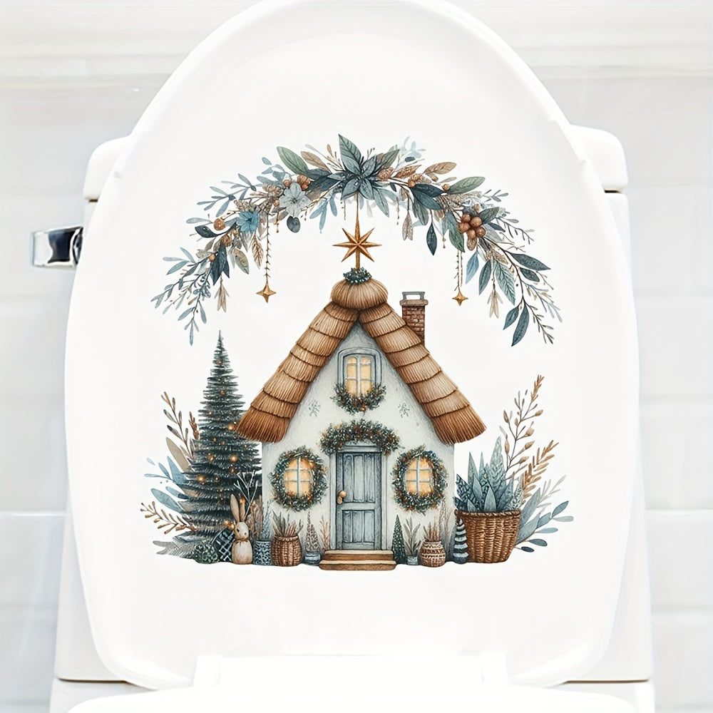 Christmas House Bathroom Decor - Self-Adhesive Toilet Lid Sticker, Semi-Matte PVC, Easy Apply & Remove