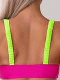 Color Block Ruched Stretchy 2 Piece Set Bikini, V Neck Neon Color Magenta High Cut Swimsuits, Women's Swimwear & Clothing