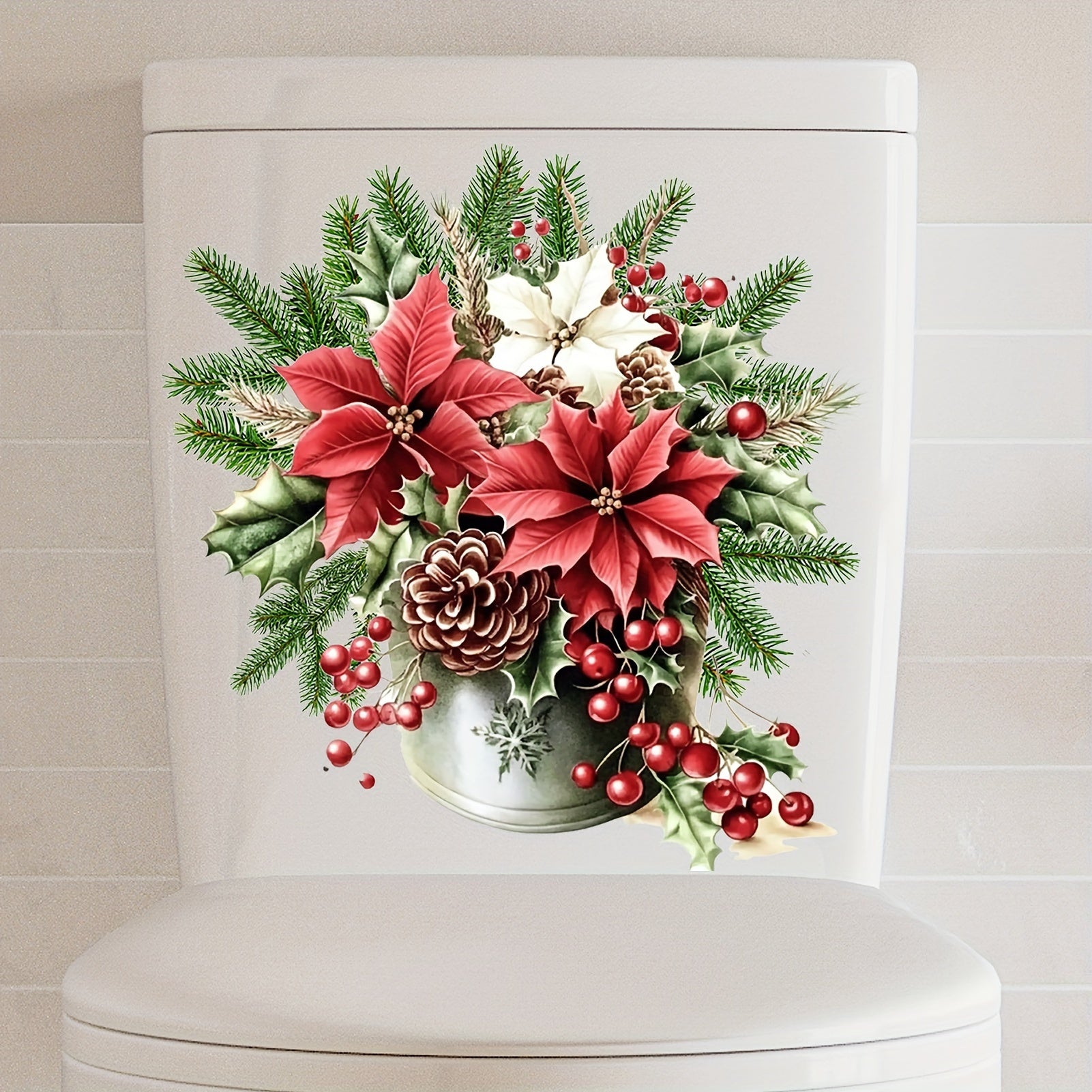 Festive Christmas Pine Cone & Floral Potted Plant Toilet Decal - Easy Stick-On Bathroom Sticker For Holiday Decor