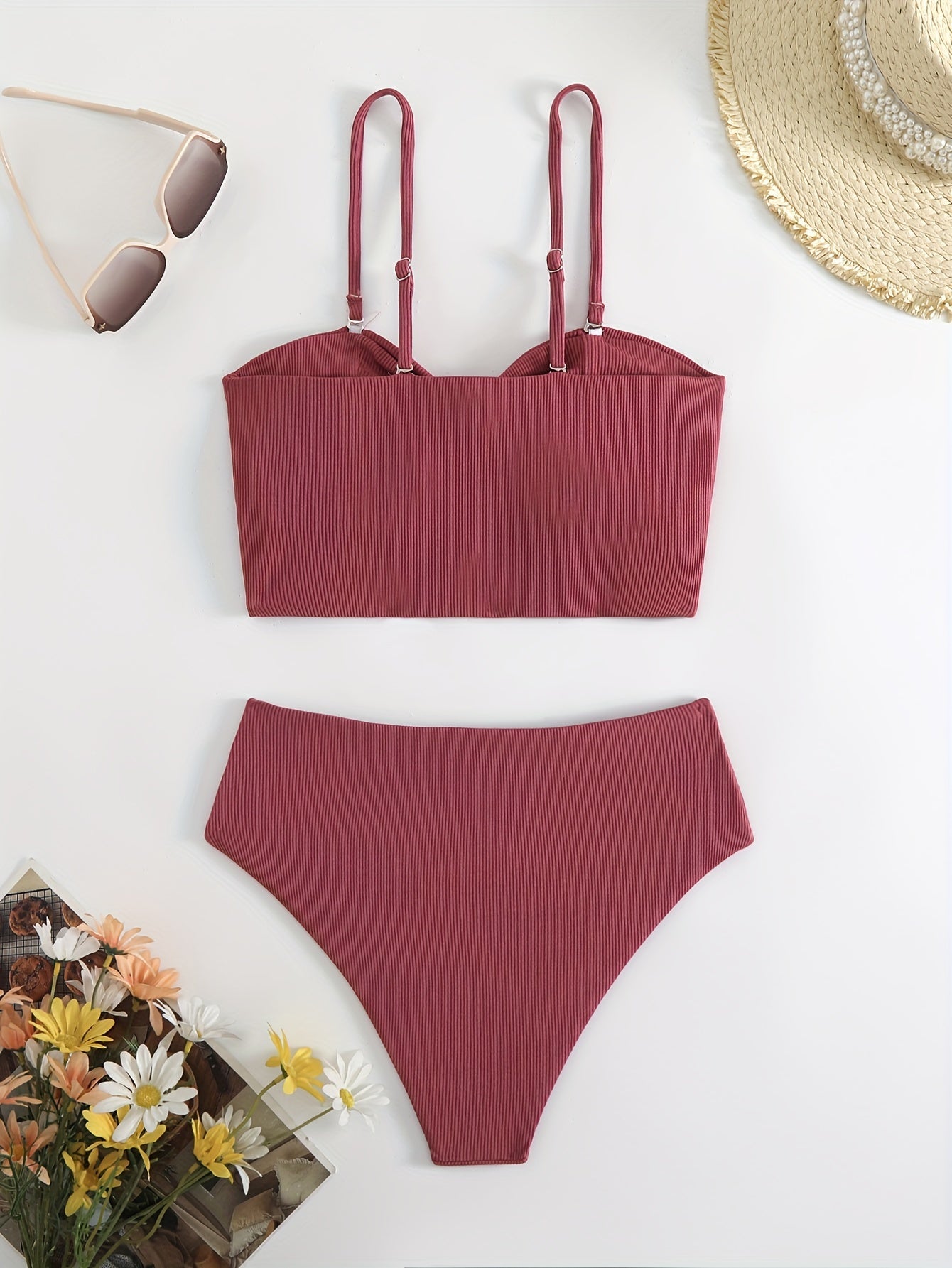 Women's Ribbed Knot-Front Two-Piece Bikini Set, Adjustable Shoulder Straps, High Waist Bottom, Fashion Swimwear