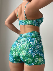 Tropical Print 2 Piece Set Bikini, Spaghetti Straps High Waist Boxer Short Bottom Swimsuits, Women's Swimwear & Clothing