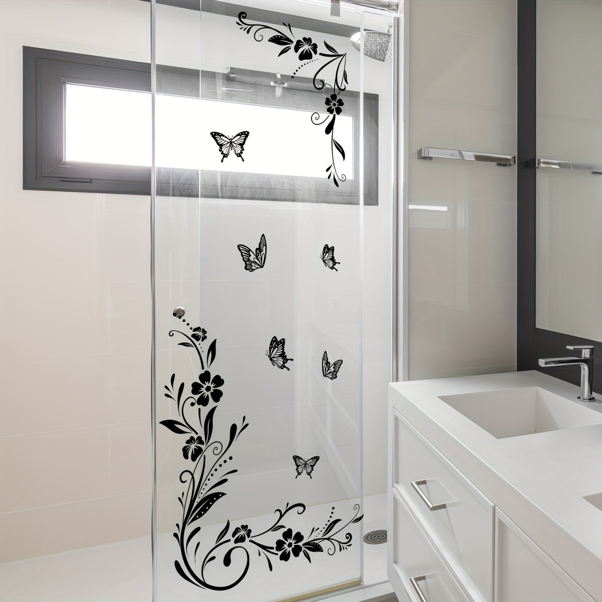 Elegant Black Floral & Butterfly Vine Mirror Decal - Self-Adhesive Wall Sticker For Bathroom And Home Decor