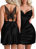 Women's Sexy Solid Satin Butterfly Lace Sleepwear Dress, Turtleneck Backless Slip Dress, Comfortable Nightgown