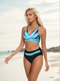 2 Piece Set V Neck High Cut Bikini Swimsuit - Contrast Color Blocking, High Stretch Polyester, Geometric Pattern, Knit Fabric, Positioning Printing - Womens Swimwear & Clothing for Summer Vacation