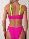 Color Block Ruched Stretchy 2 Piece Set Bikini, V Neck Neon Color Magenta High Cut Swimsuits, Women's Swimwear & Clothing