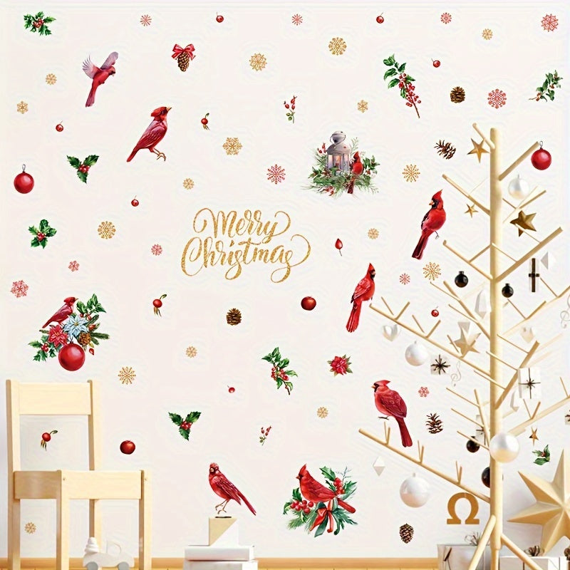 69pcs Classic Christmas Wall Stickers Decal Set, PVC Self-Adhesive Red Bird, Branch, Snowflake, Holly, and Ornament Designs for Holiday Wall Decor, Single Use, Multi-Surface Mounting, No Battery Needed