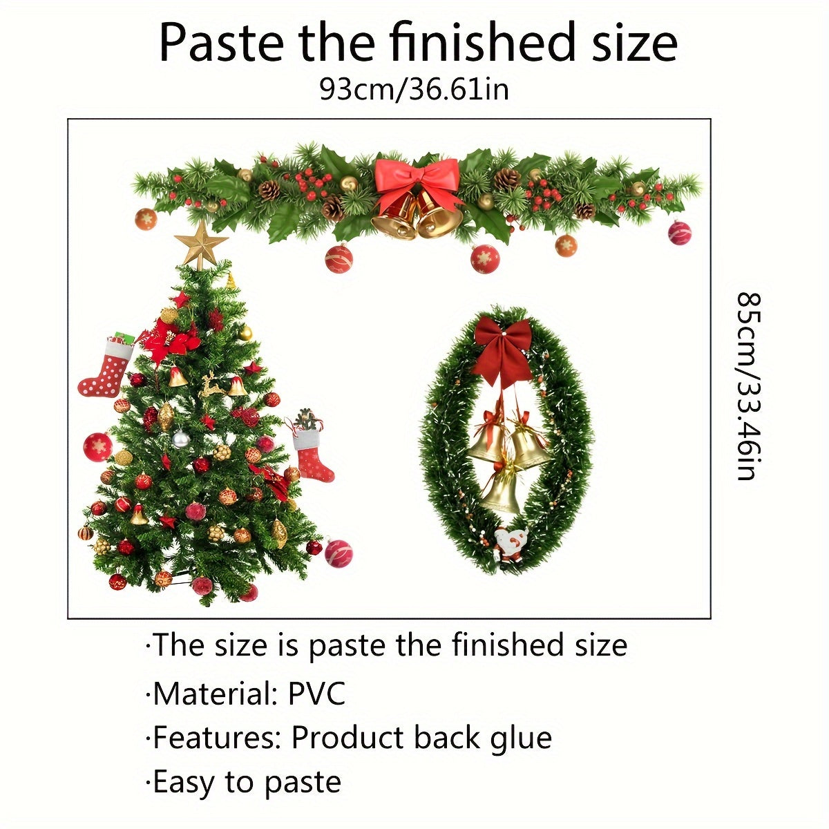 Classic Christmas Tree and Bell Wreath Vinyl Wall Decals – Glass Surface Compatible, Self-Adhesive Holiday Decoration, Single Use, Multi-Surface for Windows and Walls, Set of 4