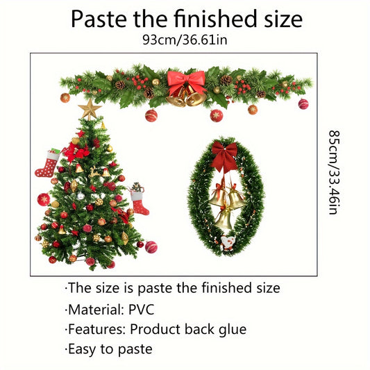 Classic Christmas Tree and Bell Wreath Vinyl Wall Decals – Glass Surface Compatible, Self-Adhesive Holiday Decoration, Single Use, Multi-Surface for Windows and Walls, Set of 4