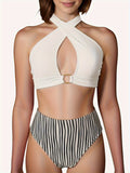 Chic Striped Two-Piece Swimsuit Set for Women - High Stretch, Crisscross Halter Top & High-Waist Bottoms, Machine Washable