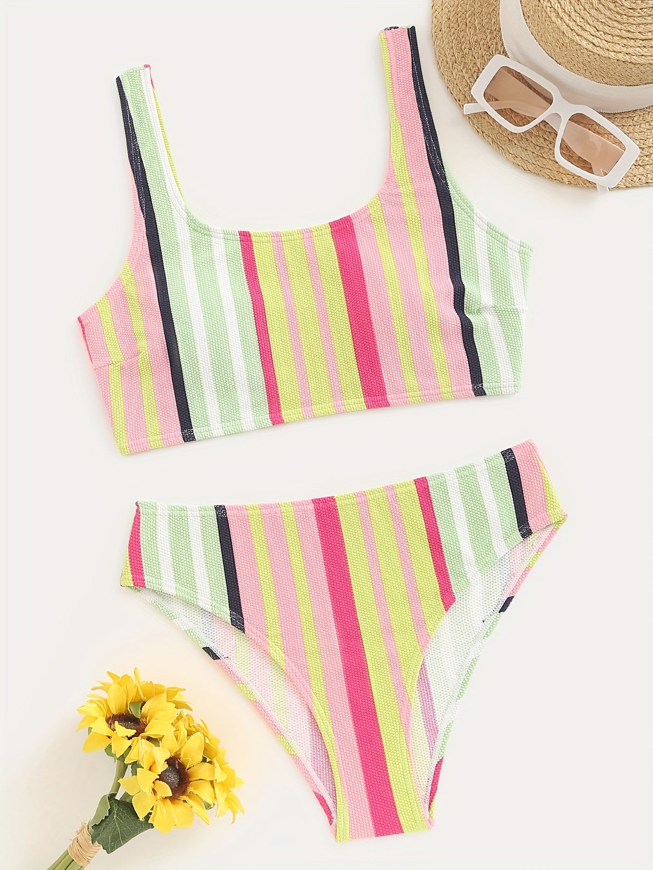 Women's Striped Two-Piece Bikini Set, High-Waisted Swimwear, Sleeveless Tank Top with Matching Bottoms, Summer Beachwear, Colorful Fashion Swimsuit