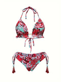 2 Piece Set Leaf Print Tassel Ruffle Trim Bikini, Stretchy Spaghetti Strap Tie Side Swimsuits for Women