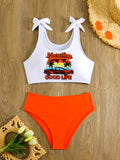 Women's Two-Piece Bikini Set Scoop Neck Sleeveless Printed Top with High Waist Orange Bottoms, Polyester and Elastane Blend Knit Fabric Swimwear with Medium Stretch for Beach and Pool