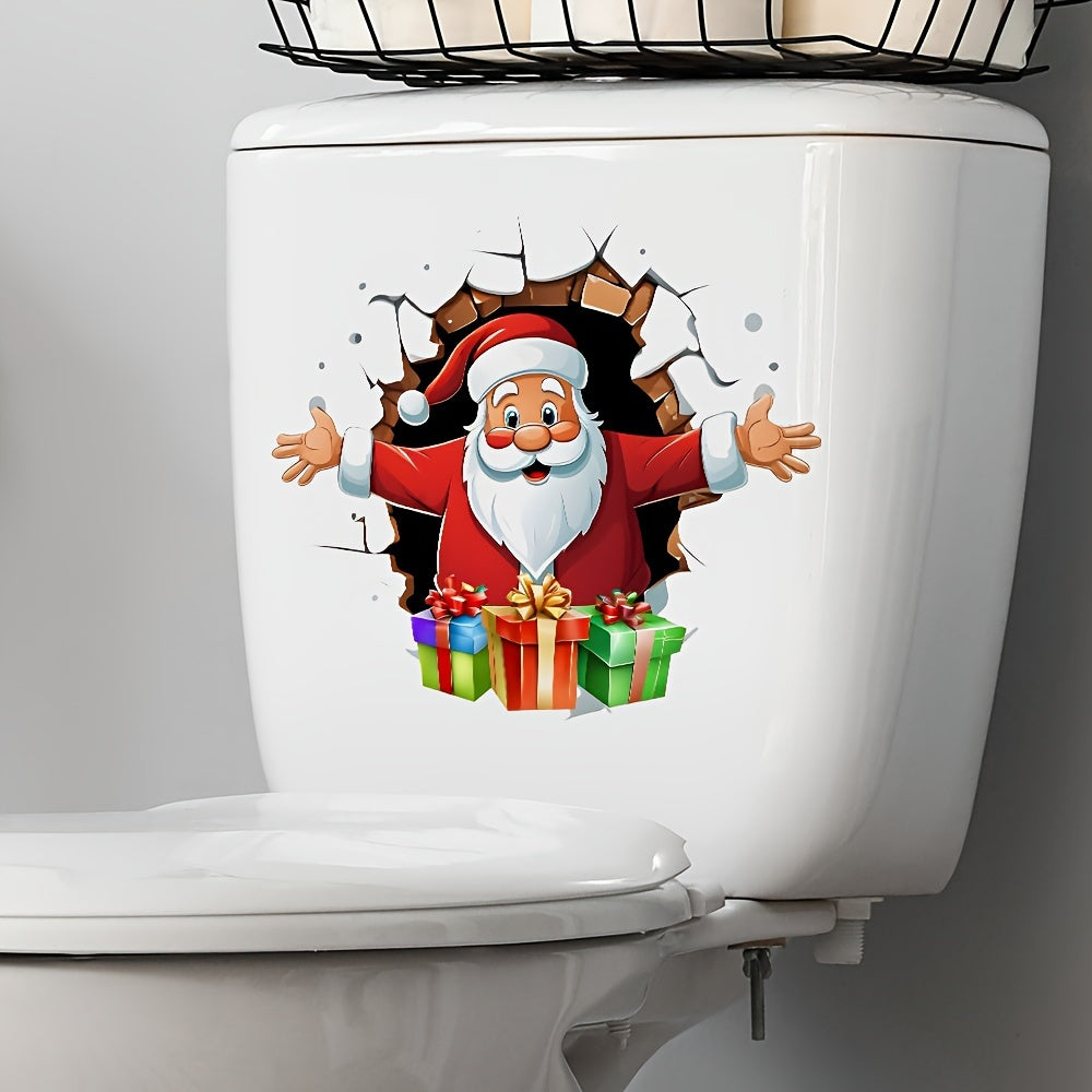 3D Santa Claus Toilet Sticker, Christmas Bathroom Decor, PVC Self-Adhesive Ceramic Toilet Tank Cover Decal, Reusable, Rectangular, Semi-Matte Finish