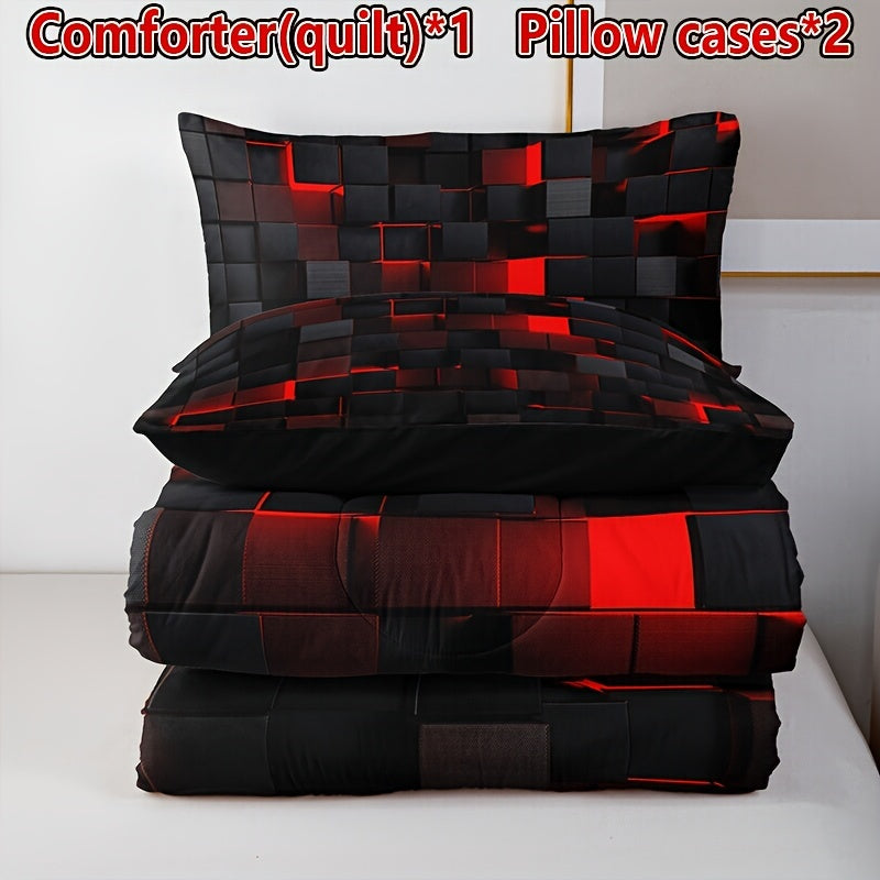 Modern 3-Piece Quilt Set - Black & Red Plaid, Soft Breathable Fabric, Hand Washable, Includes 2 Pillowcases for Cozy All-Season Comfort