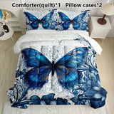 3pcs Blue Butterfly Floral Quilt Set - Soft, Breathable, Comfortable All-Season Quilted Bedding with Vibrant Print - Ideal for Home, Dormitory, and Guest Room