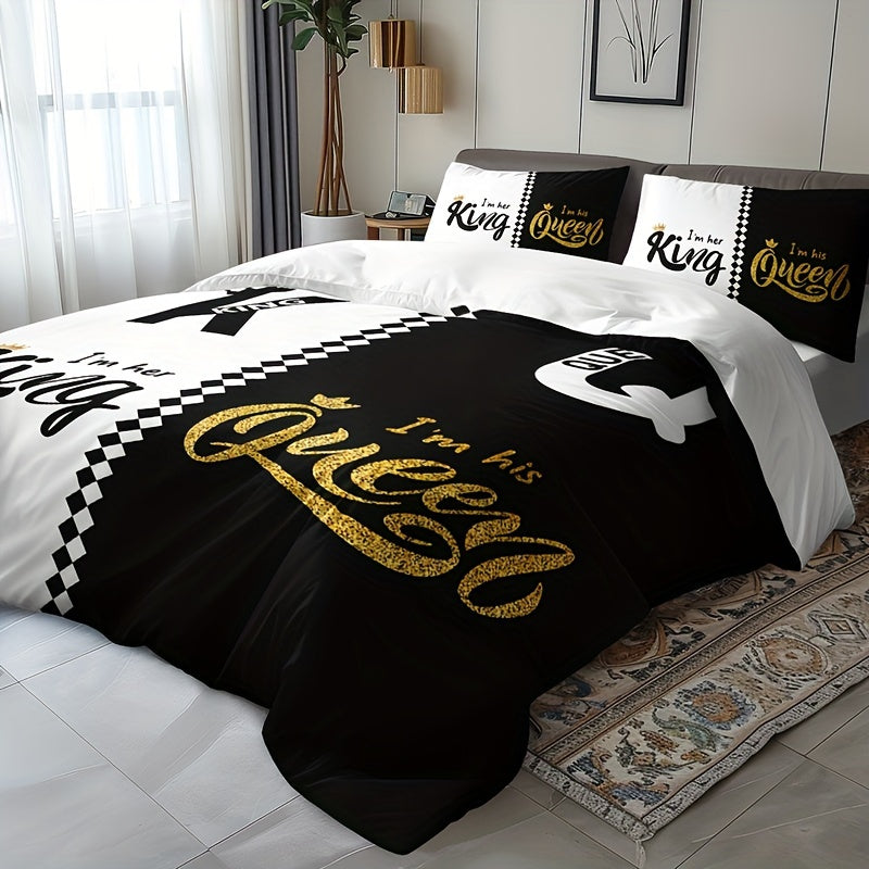 3-Piece Black & Grey Crown Lettering Duvet Cover Set - Vibrant High-Definition Printing, Soft Brushed Microfiber Fabric, Comfortable and Breathable for Home & Dorm Decor - Comforter Not Included