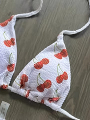 2-Piece Cherry Pattern Bikini Set - Flattering Halter V-Neck & High-Cut Thong Design, Tie-Back Backless Detail, Perfect for Beachwear & Poolside Fashion