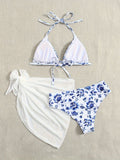 3pcs Floral Polyester Bikini Set, High Stretch Knit Fabric, Solid Color with Tie Waist Detail