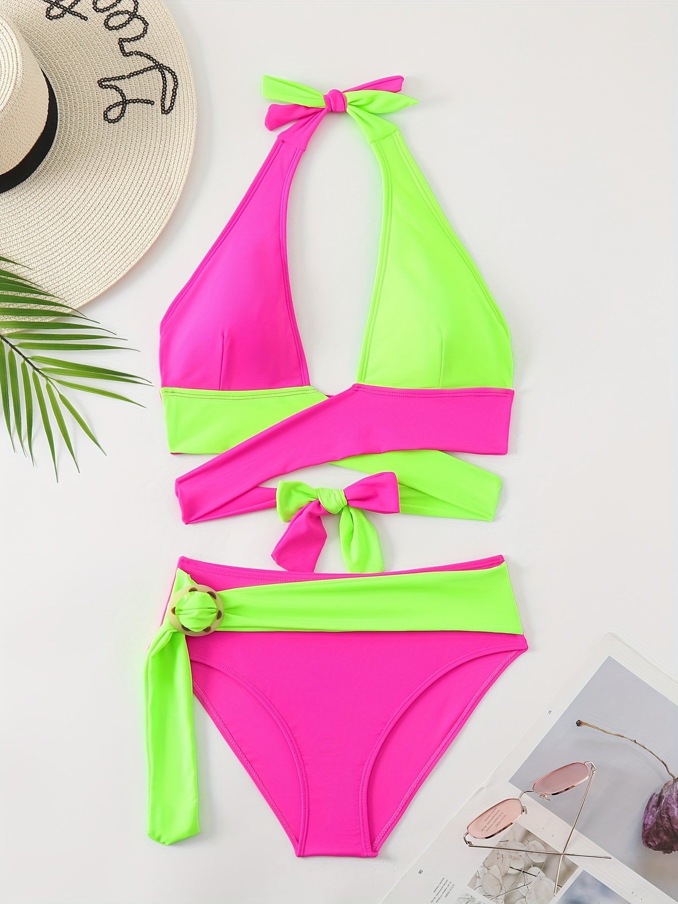 High-Waisted Two-Piece Bikini Set, Neon Pinkish And Green Color Block, Halter Neck With Back Tie, Belt Detail, Summer Beachwear, Swimwear Collection