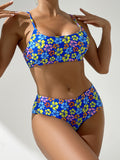 Floral Chic High-Waisted Bikini Set - Adjustable Straps, Sexy Push-Up Cups, Comfortable Two-Piece Swimsuit with Ruffled Hem, Perfect for Summer Beach Vacation, Pool Party, or Water Sports - Women's Swimwear for Confidence and