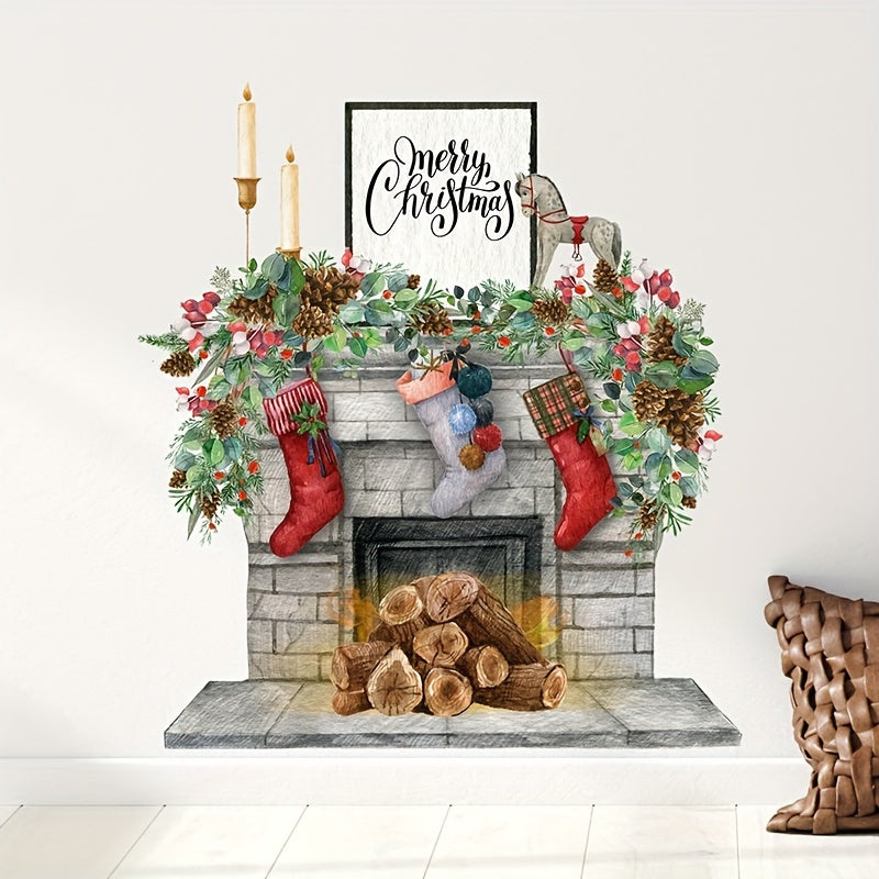 Merry Christmas Faux Fireplace Wall Decal with Flames - Perfect for Living Room & Kitchen Home Decor, Easy Stick-On, No Battery Needed