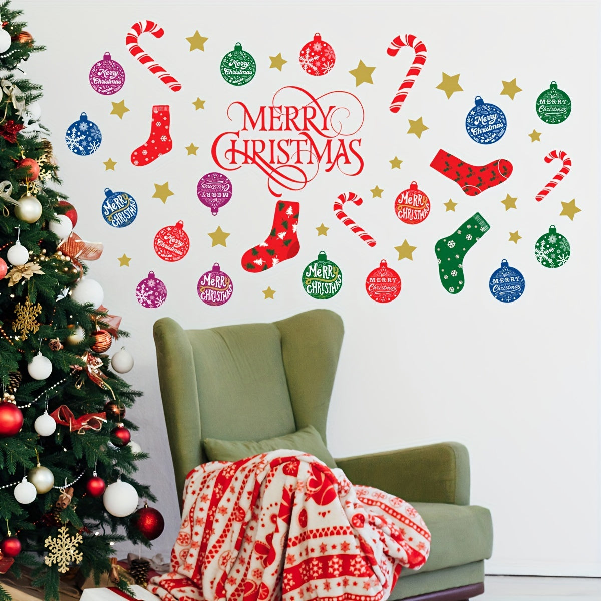 Classic Christmas Stocking Wall Decal - Easy Peel & Stick, Removable PVC Sticker for Living Room, Kitchen, Bedroom & Hallway Decor