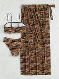 Striped Print 3 Piece Set Bikini, Square Neck High Cut With Cover Up Skirt Swimsuits, Women's Swimwear & Clothing