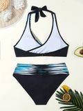 Two-Piece Womens Bikini Set - Stylish Halter Neck, Seductive Backless, Comfortable, Eye-Catching Striped Print - Perfect for Beach Vacations and Hot Spring Getaways, High-Quality Swimwear, Fashionable Swimsuit for Women