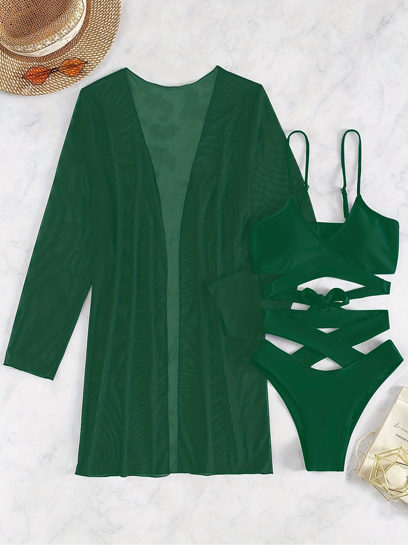 3-Piece Chic V Neck Bikini Set - Criss Cross High Waist Swimsuit with Long Sleeve Cover Up - Flattering Swimwear for Fashionable Women