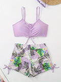 Tropical Leaf Print Two-Piece High Waist Bikini Sets - Spaghetti Strap, Drawstring Shorts, High Stretch Polyester, Machine Washable, Customized Fit - Perfect for Swimming, Womens Swimwear & Clothing