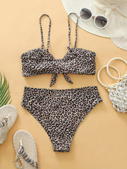 Two Piece High-Waisted Women's Leopard Print Bikini Set, Bow Tie Front Swimwear for Summer Beach Outfit