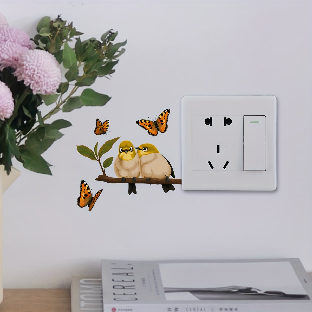 Classic Bird and Butterfly Branch Wall Decals - PVC Material, Matte Finish, Irregular Shape, Reusable, Self-Adhesive for Ceramic Surfaces, No Electricity or Battery Needed