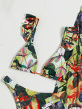3-Pieces High Cut Floral Print Bikini Sets with Lettuce Trim Tie Back and Cover Up Skirt, Women's Swimwear