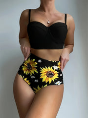 Elegant High-Waisted Sunflower Print Bikini Set, Strapless Polyester Knit Fabric with Elastane, High Stretch Floral Two-Piece Swimsuit with Knotted Detail