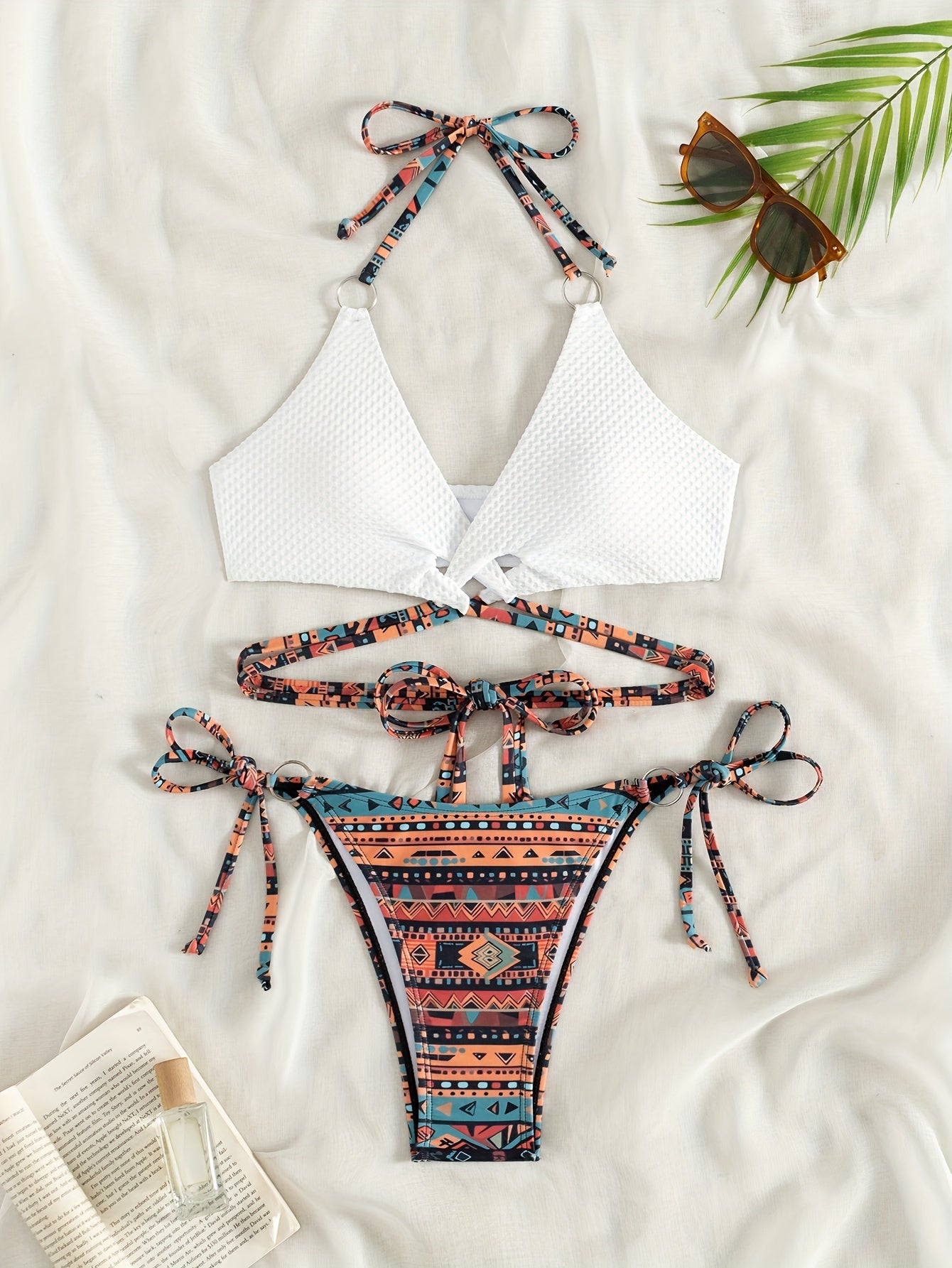 2-Piece Tribal Print High Cut Bikini Set - Stylish Tie Halter Top and Side-Tie Bottoms with Flattering Cut-Out Design, Comfortable Summer Beachwear for Women