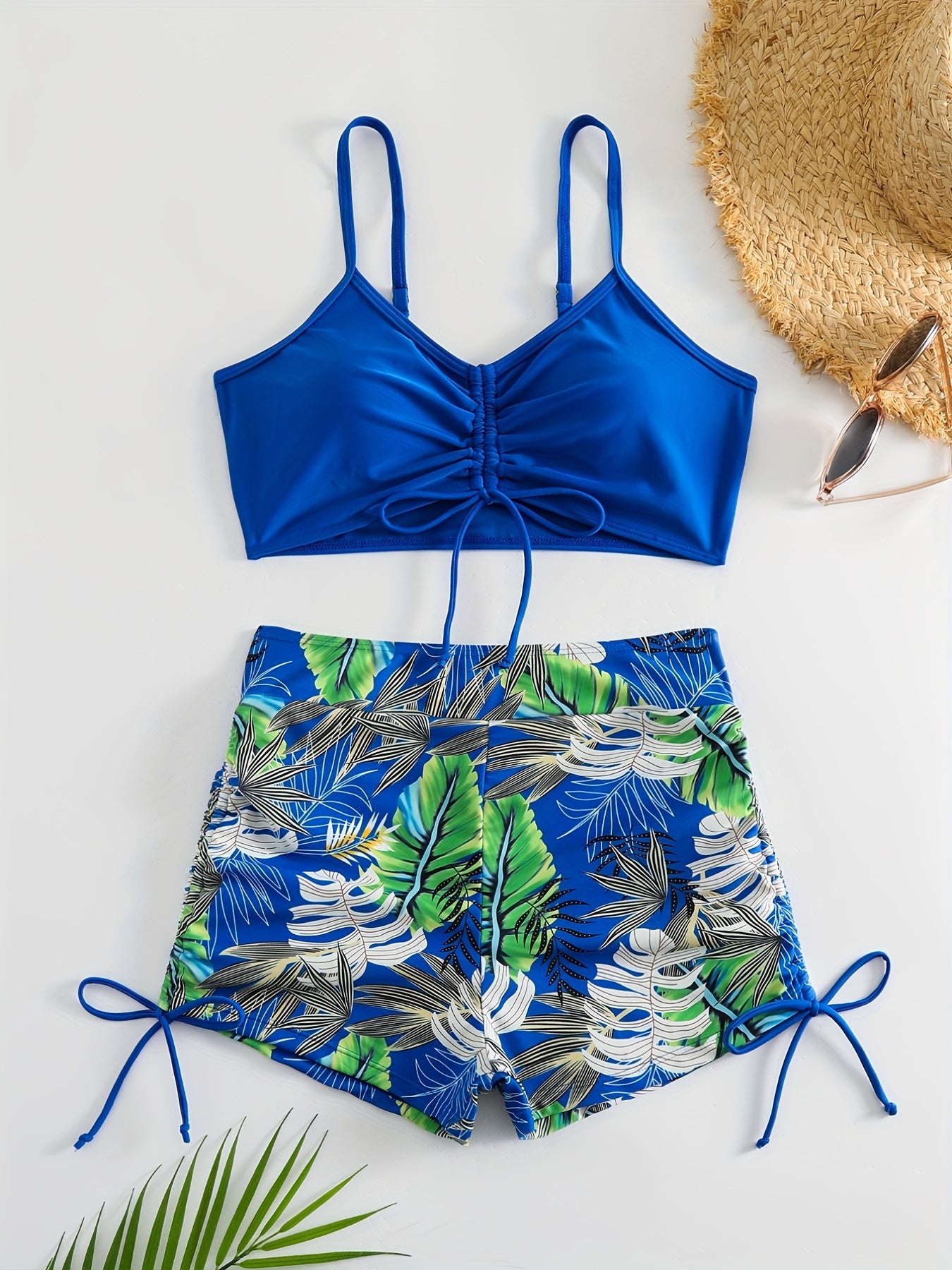 Tropical Leaf Print Two-Piece High Waist Bikini Sets - Spaghetti Strap, Drawstring Shorts, High Stretch Polyester, Machine Washable, Customized Fit - Perfect for Swimming, Womens Swimwear & Clothing